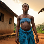 A powerful image of a resilient Sierra Leonean woman, standing strong amidst daily challenges and traditional societal norms, in a rural village setting. Her expression conveys determination and inner strength, symbolizing the struggle for self-determination and breaking free from patriarchal structures. Cinematic, realistic, low-angle shot, golden hour.