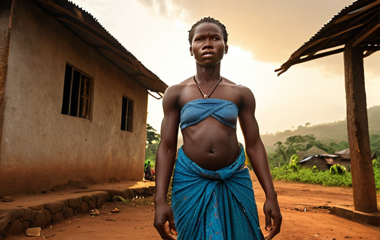 A powerful image of a resilient Sierra Leonean woman, standing strong amidst daily challenges and traditional societal norms, in a rural village setting. Her expression conveys determination and inner strength, symbolizing the struggle for self-determination and breaking free from patriarchal structures. Cinematic, realistic, low-angle shot, golden hour.