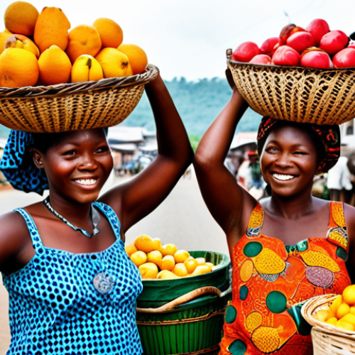 **Prompt:** A vibrant, bustling market scene in Sierra Leone. Focus on the rich tapestry of daily life, with women in brightly colored traditional African wax print attire gracefully balancing baskets of fresh produce and goods on their heads. Capture the lively interactions, genuine smiles, and a sense of community amidst the stalls. Warm, natural lighting highlights the array of tropical fruits, spices, and handmade crafts. **(Photorealistic, lively, cultural, intricate details)**