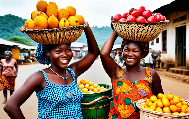 **Prompt:** A vibrant, bustling market scene in Sierra Leone. Focus on the rich tapestry of daily life, with women in brightly colored traditional African wax print attire gracefully balancing baskets of fresh produce and goods on their heads. Capture the lively interactions, genuine smiles, and a sense of community amidst the stalls. Warm, natural lighting highlights the array of tropical fruits, spices, and handmade crafts. **(Photorealistic, lively, cultural, intricate details)**